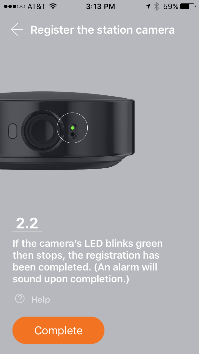SmartCam LED blinks green and stops, registration is complete.