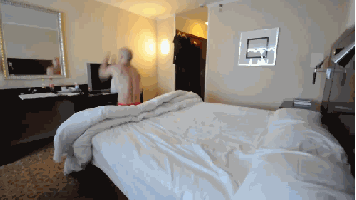 Animation: Man back-flipping into bed